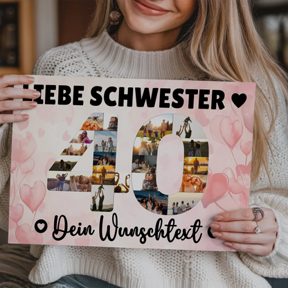 Magnetisches Fotoboard mit Unterschriften 40 Geburtstag Schwester