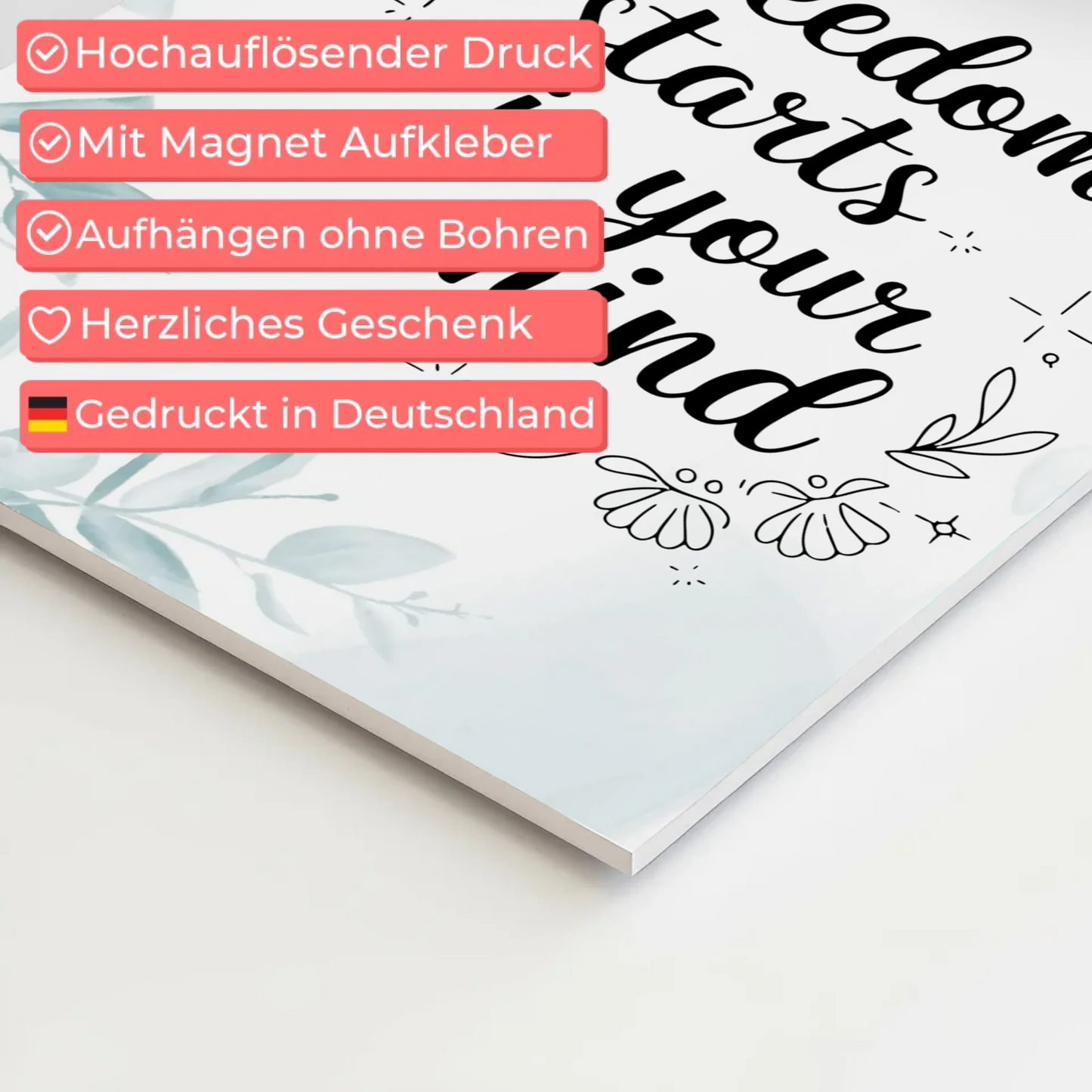 Spruch Fotoboard Magnet Wandbild Freedom Starts Mind