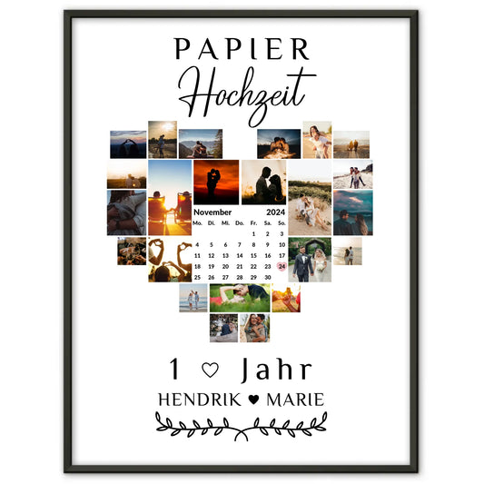Poster mit Kalender 1 Hochzeitstag Geschenk für Papierhochzeit