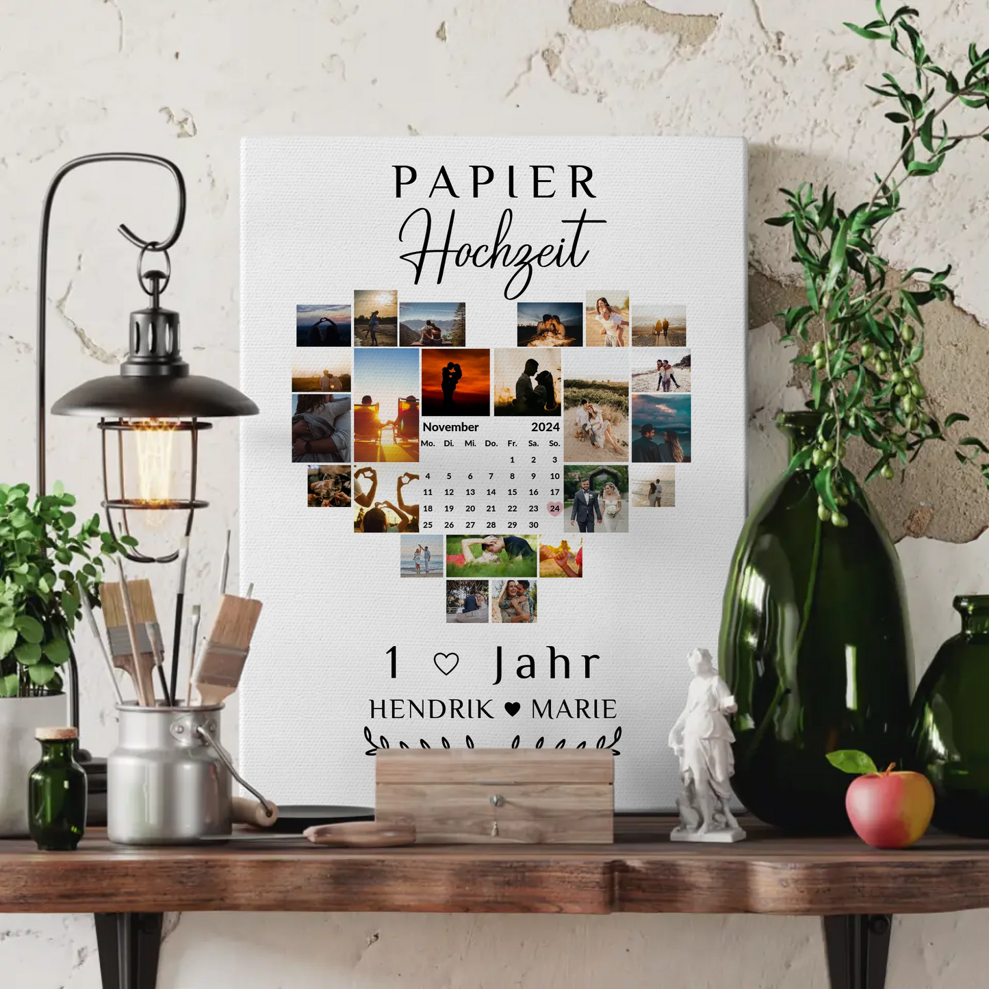 Leinwand mit Kalender für 1 Hochzeitstag Geschenk Papierhochzeit