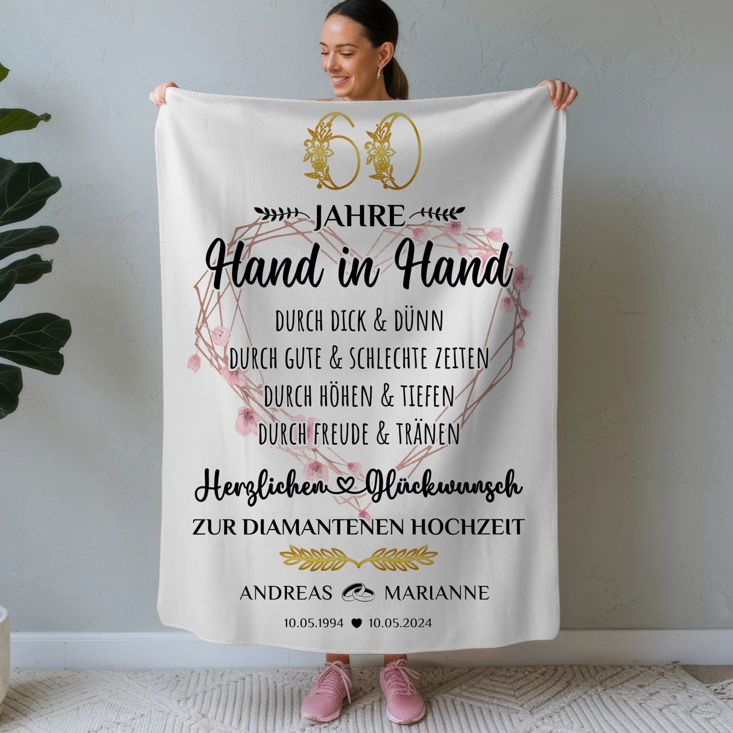 Personalisierte Decke Geschenk zur Diamantenen Hochzeit 60 Hand in Hand
