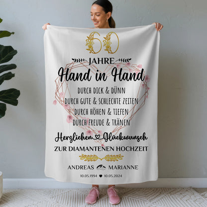 Personalisierte Decke Geschenk zur Diamantenen Hochzeit 60 Hand in Hand