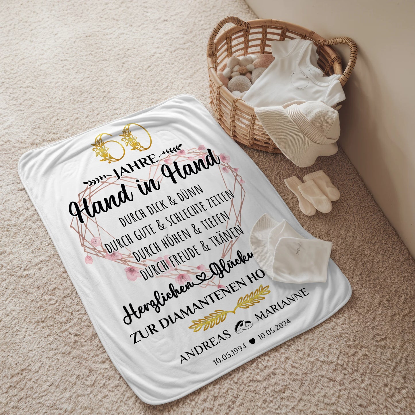 Personalisierte Decke Geschenk zur Diamantenen Hochzeit 60 Hand in Hand