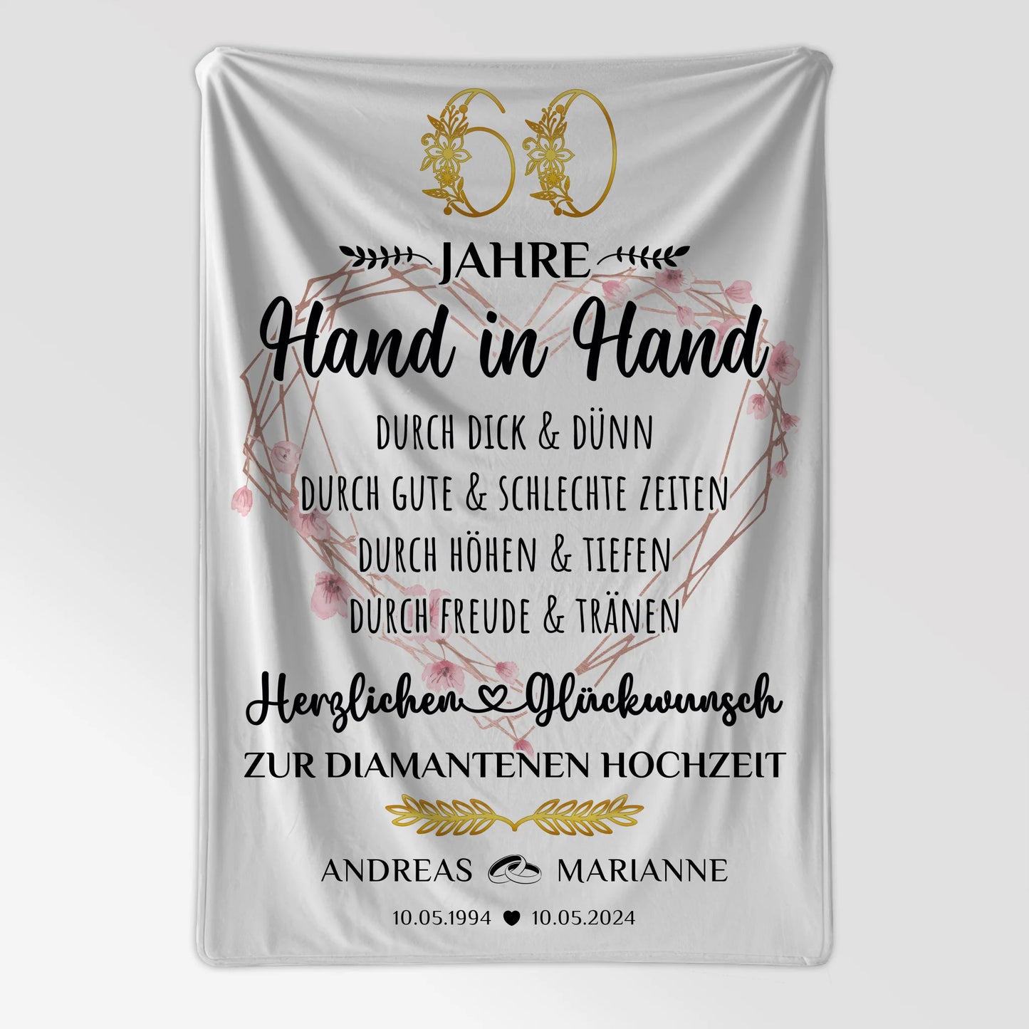 Personalisierte Decke Geschenk zur Diamantenen Hochzeit 60 Hand in Hand