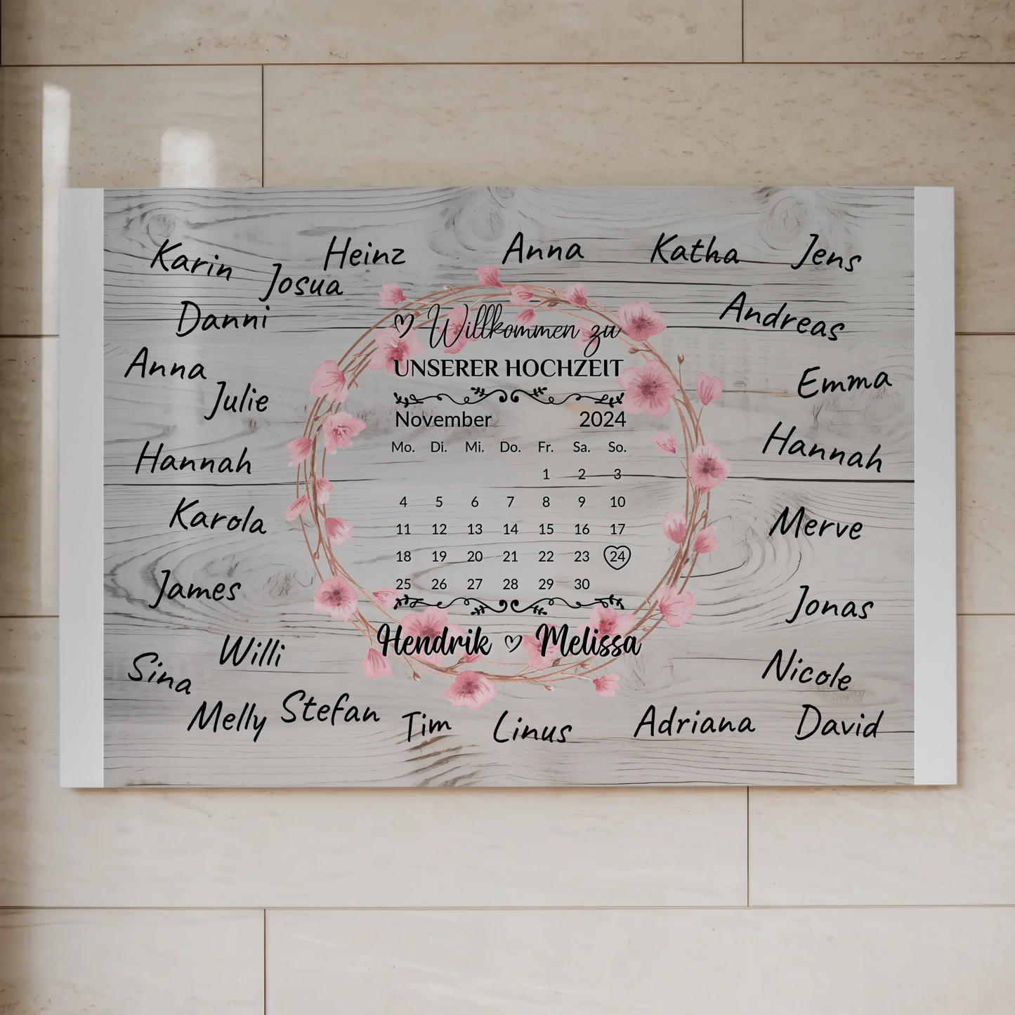 Willkommens Fotoboard Hochzeit mit Blumenkranz personalisiert