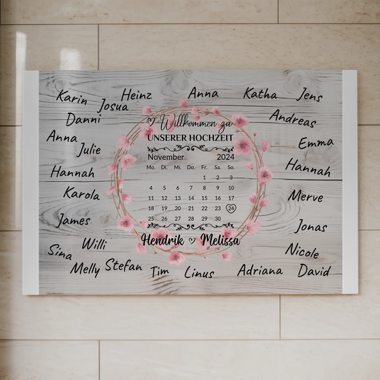 Willkommens Fotoboard Hochzeit mit Blumenkranz personalisiert