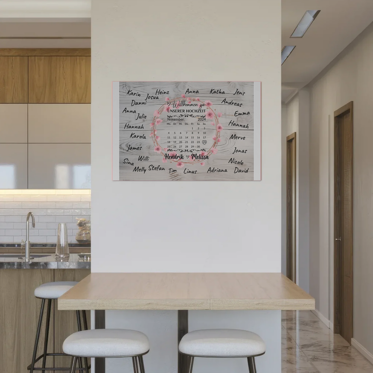 Willkommens Fotoboard Hochzeit mit Blumenkranz personalisiert