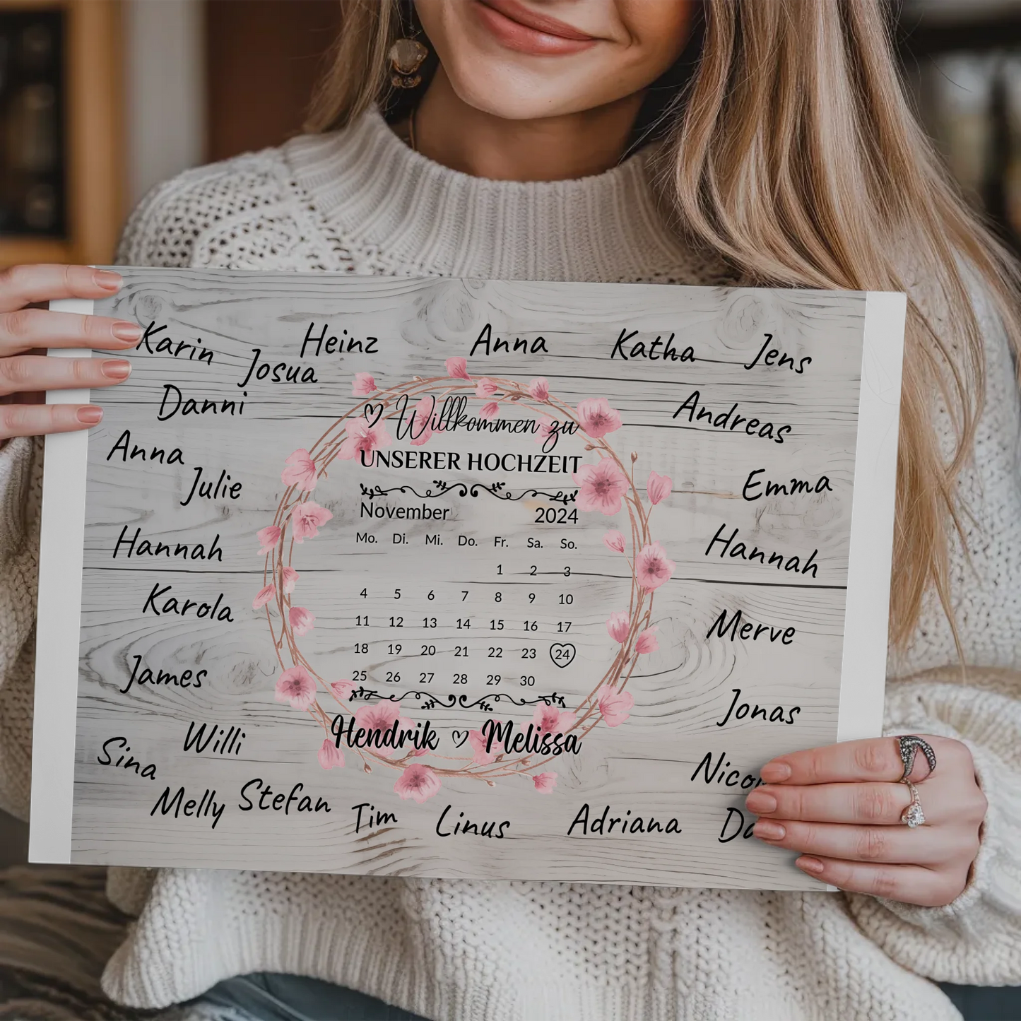 Willkommens Fotoboard Hochzeit mit Blumenkranz personalisiert