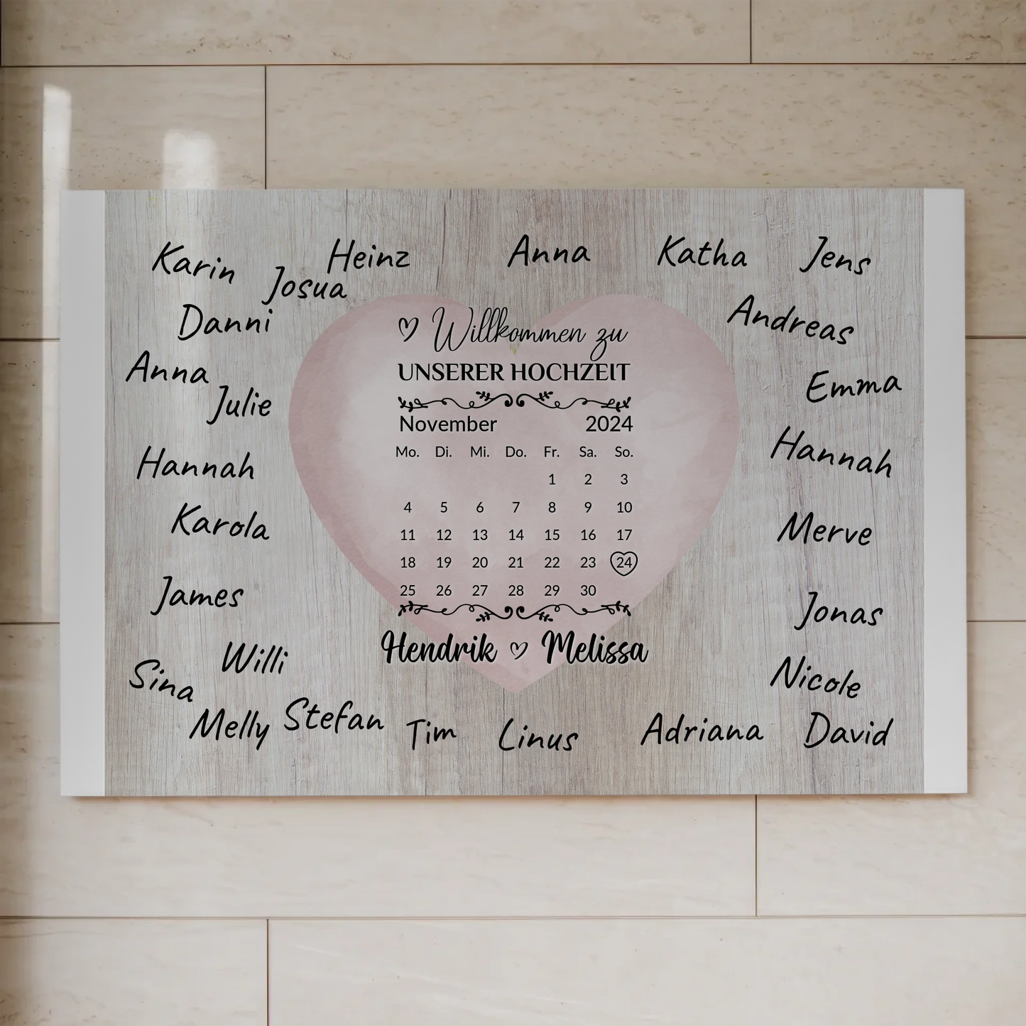 Willkommensschild Hochzeit mit Farbklecks Herz personalisiert