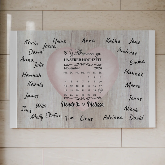 Willkommensschild Hochzeit mit Farbklecks Herz personalisiert