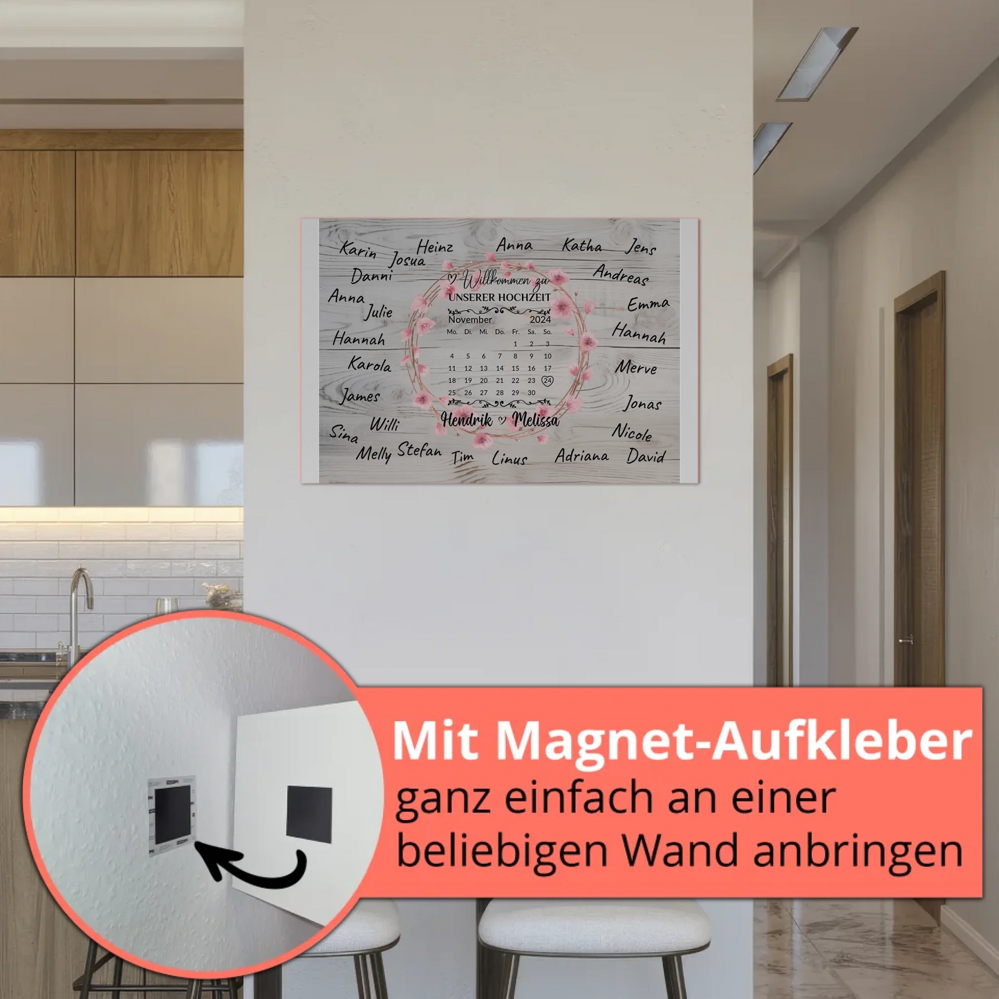 Willkommens Fotoboard Hochzeit mit Blumenkranz personalisiert