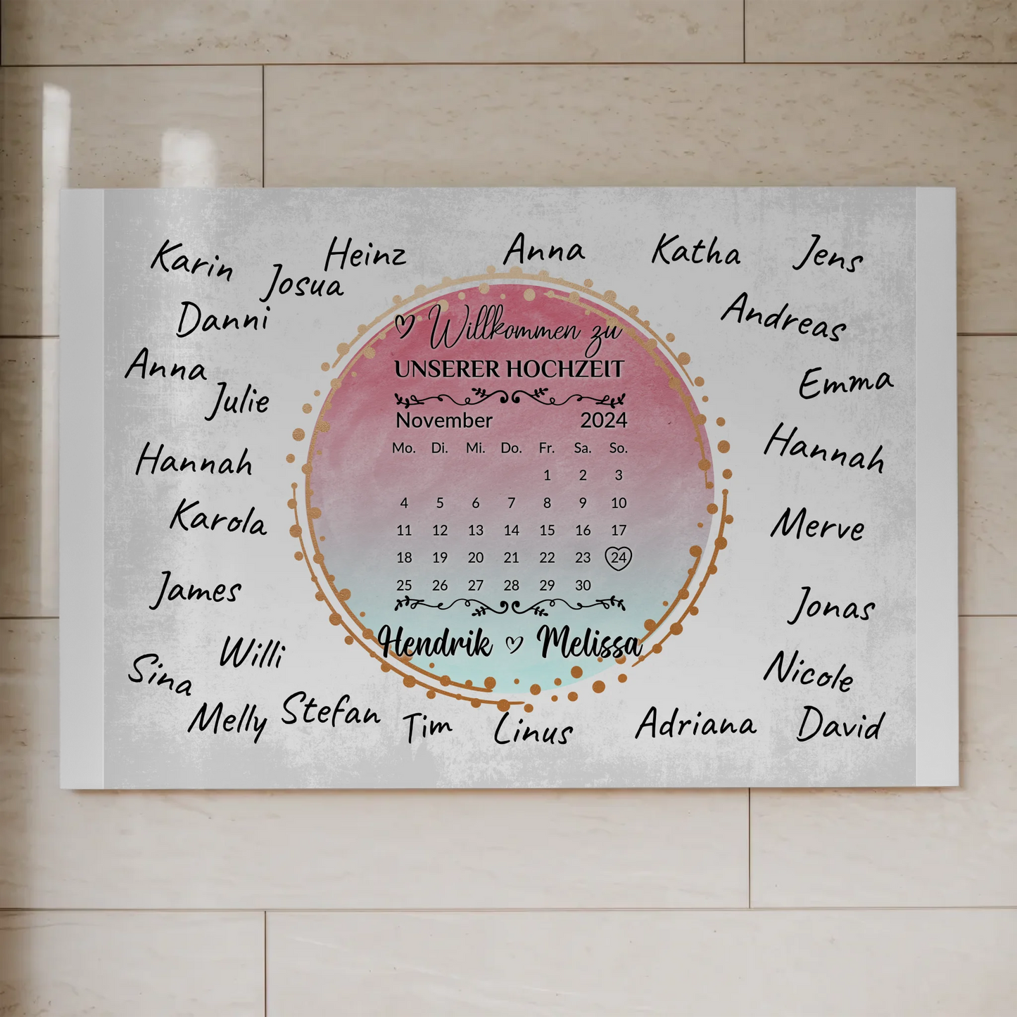 Willkommens Fotoboard Hochzeit mit Unterschriften Blau