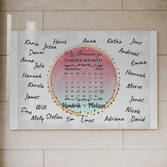 Willkommens Fotoboard Hochzeit mit Unterschriften Blau