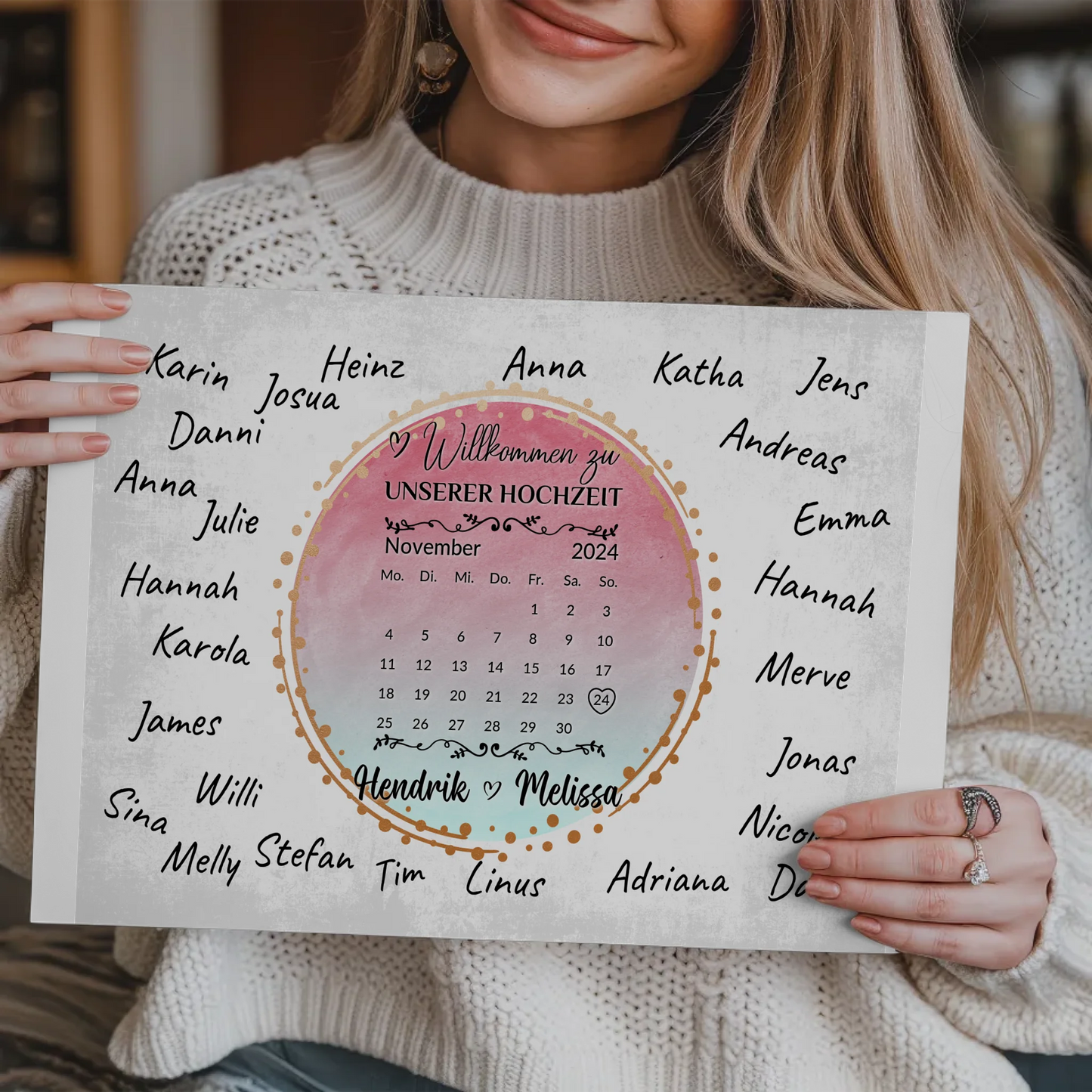 Willkommens Fotoboard Hochzeit mit Unterschriften Blau