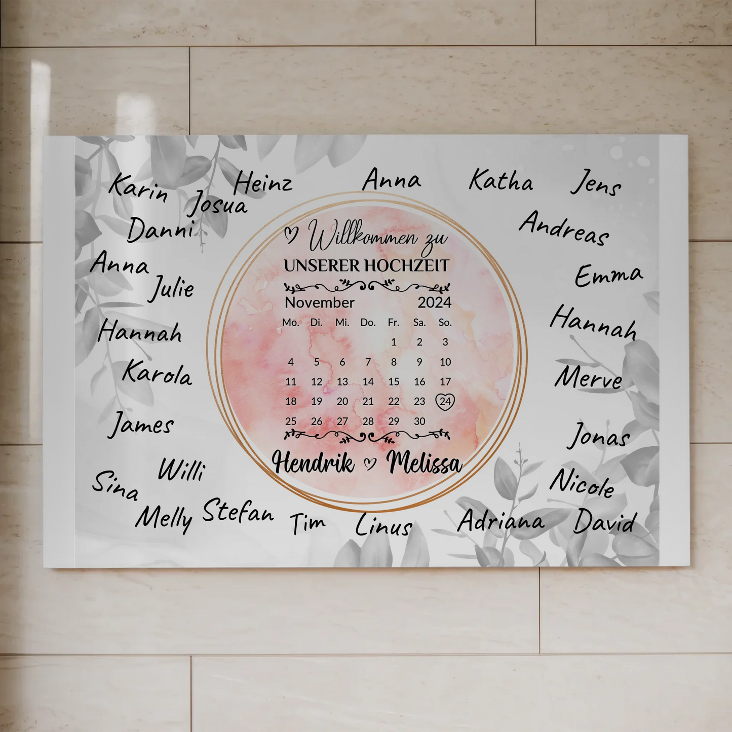 Willkommensschild Hochzeit Aquarell Kranz personalisiert