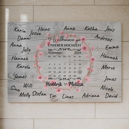 Willkommens Fotoboard Hochzeit mit Blumenkranz personalisiert