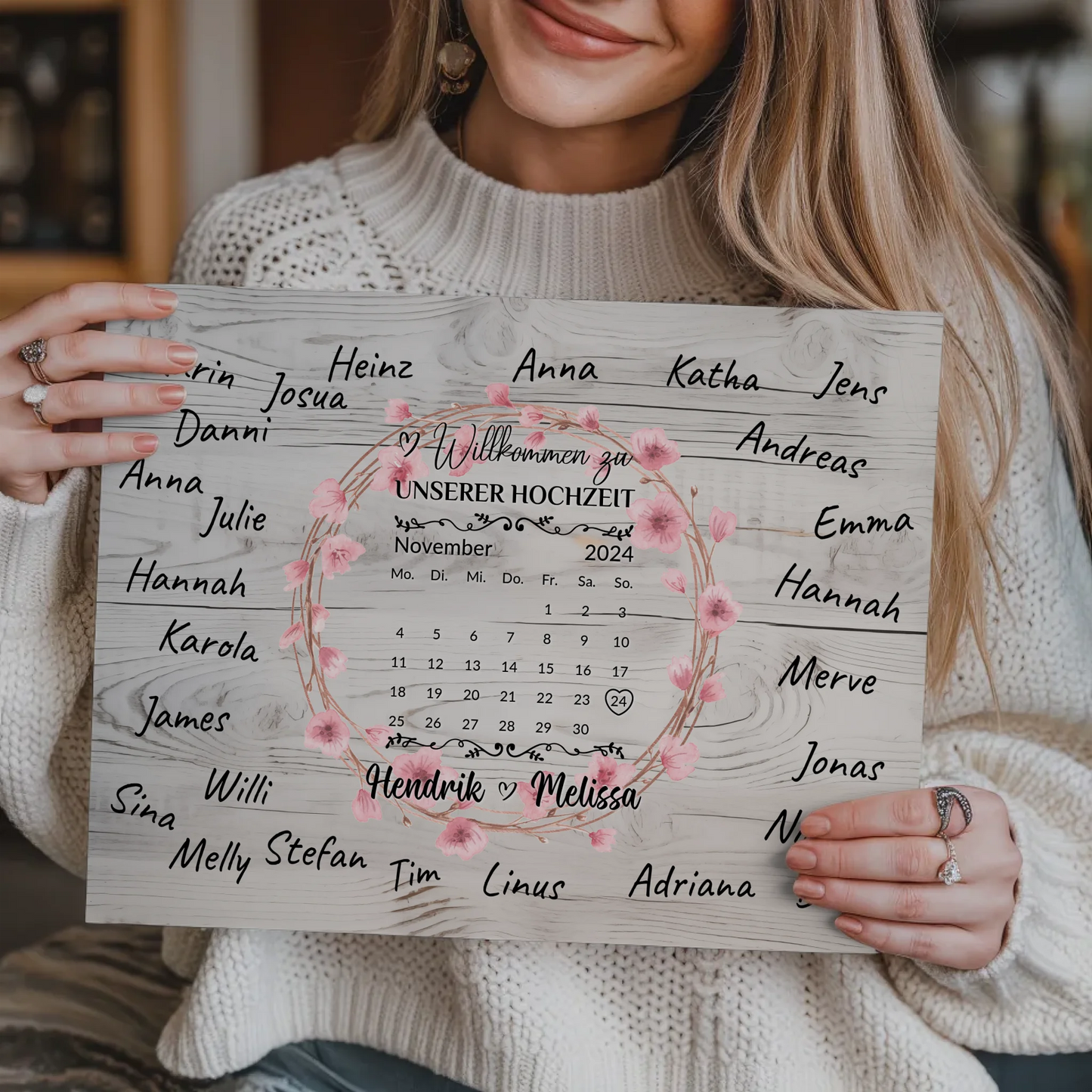Willkommens Fotoboard Hochzeit mit Blumenkranz personalisiert