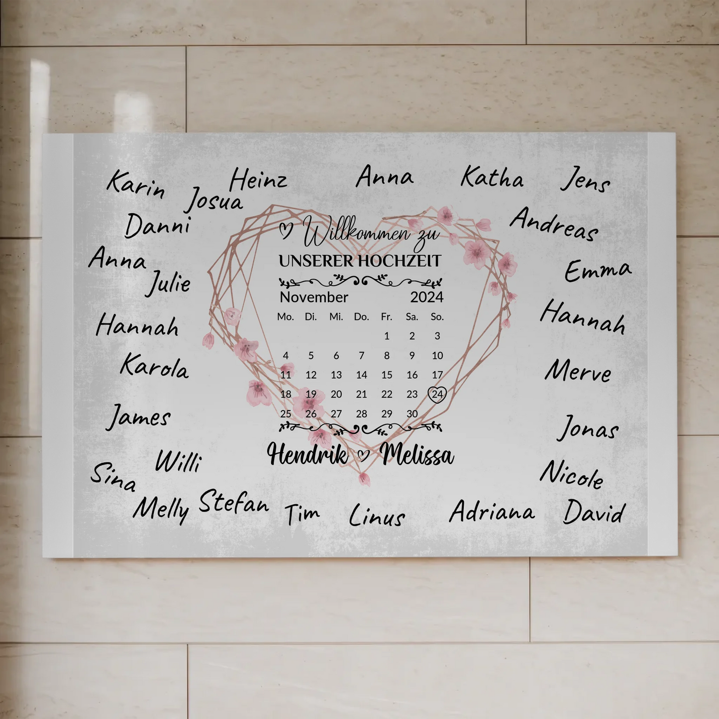 Willkommens Fotoboard Hochzeit Herz Kranz Unterschriften