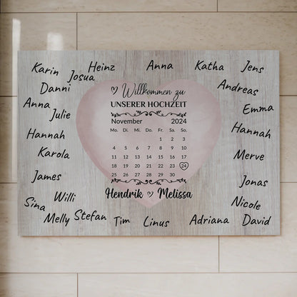 Willkommensschild Hochzeit mit Farbklecks Herz personalisiert