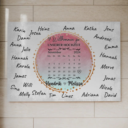 Willkommens Fotoboard Hochzeit mit Unterschriften Blau