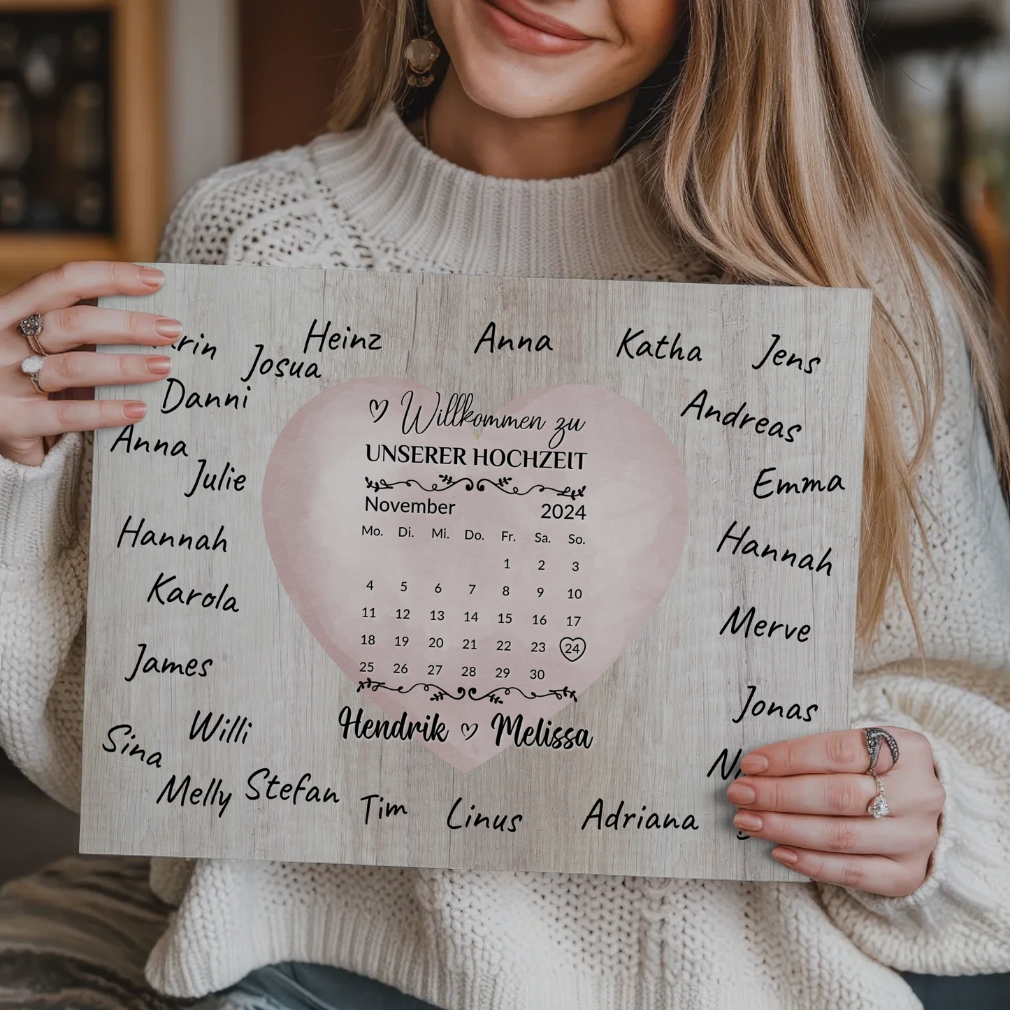 Willkommensschild Hochzeit mit Farbklecks Herz personalisiert
