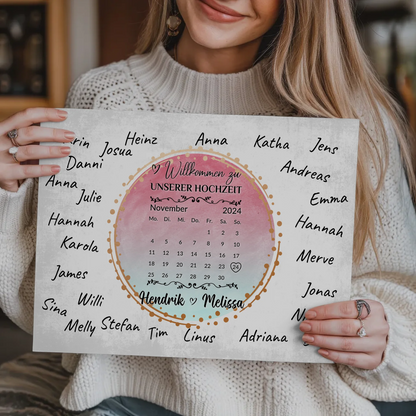 Willkommens Fotoboard Hochzeit mit Unterschriften Blau