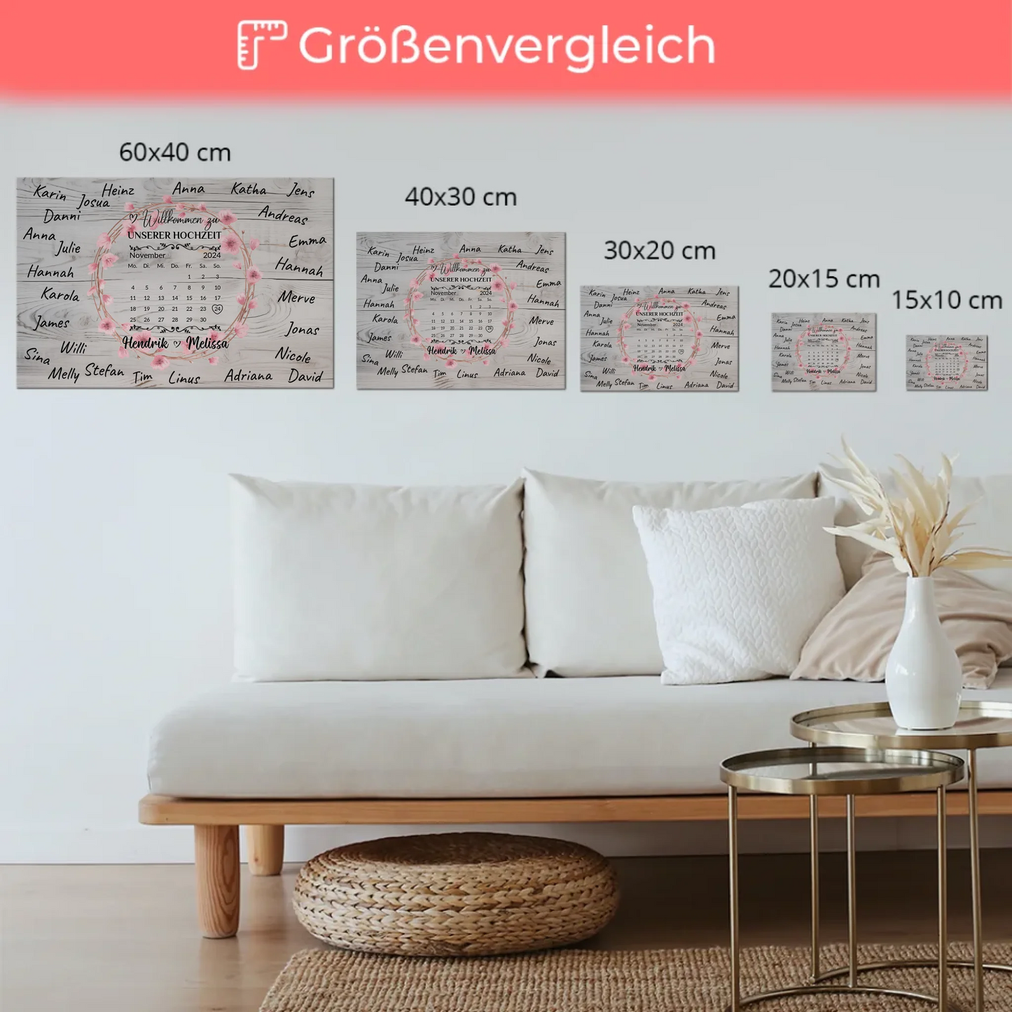 Willkommens Fotoboard Hochzeit mit Blumenkranz personalisiert