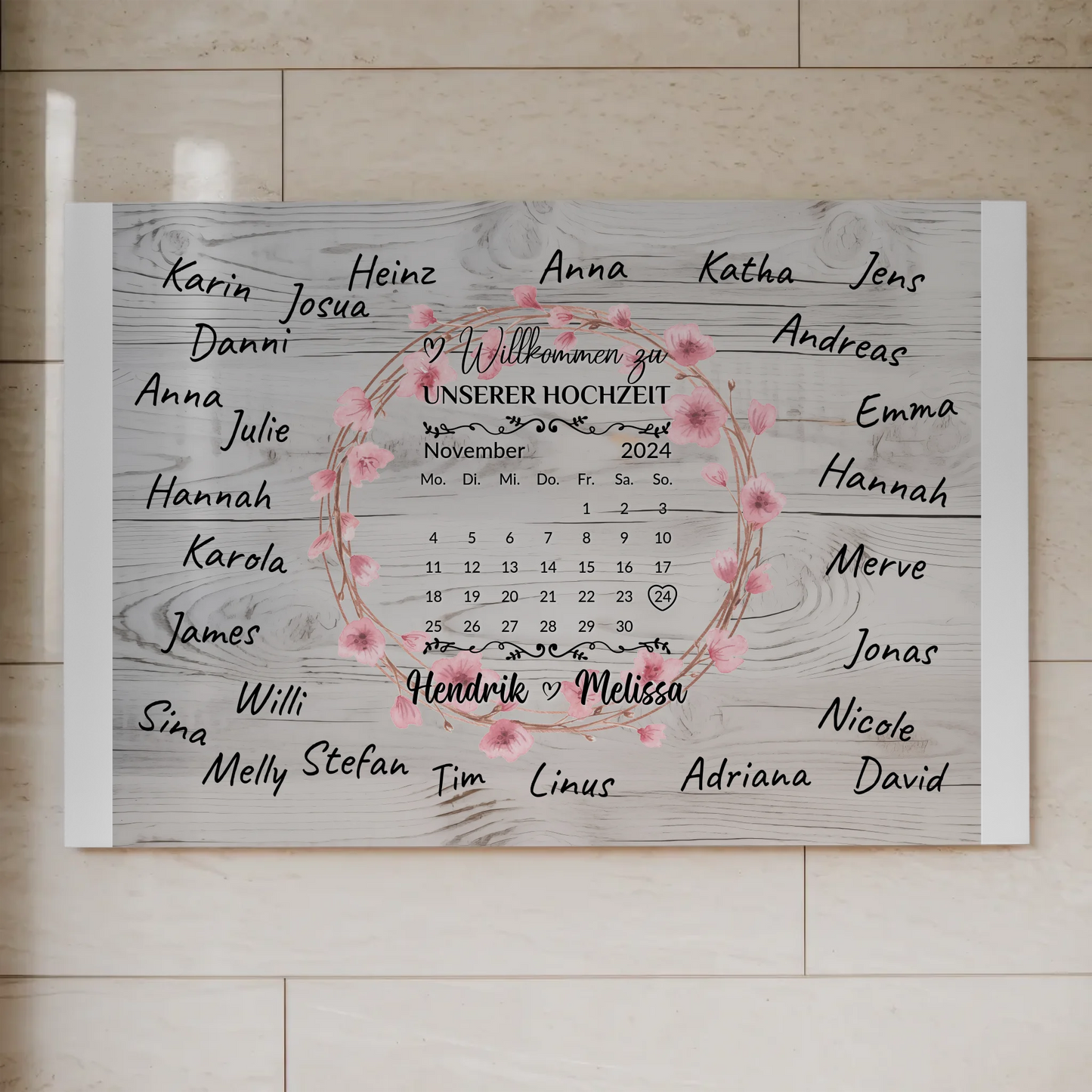 Willkommens Fotoboard Hochzeit mit Blumenkranz personalisiert
