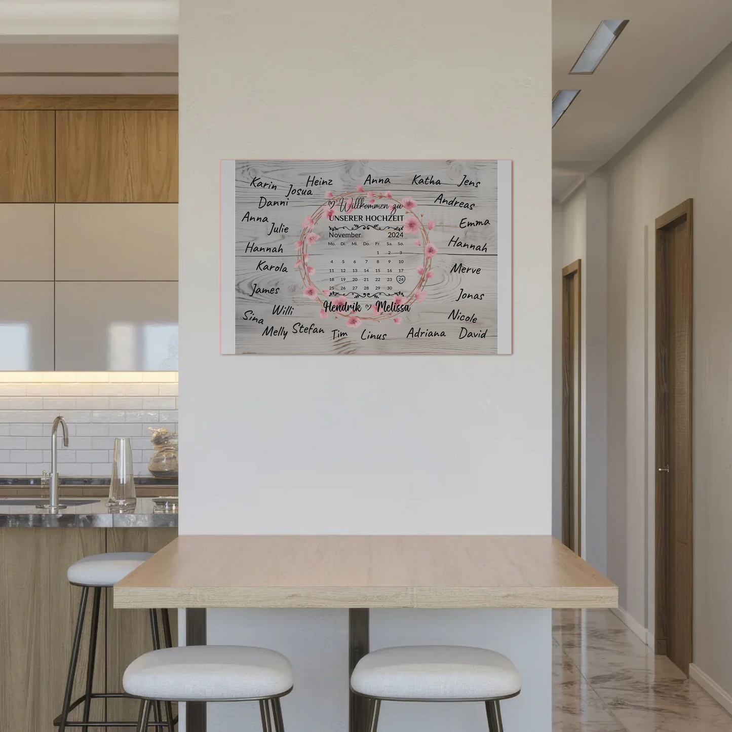 Willkommens Fotoboard Hochzeit mit Blumenkranz personalisiert