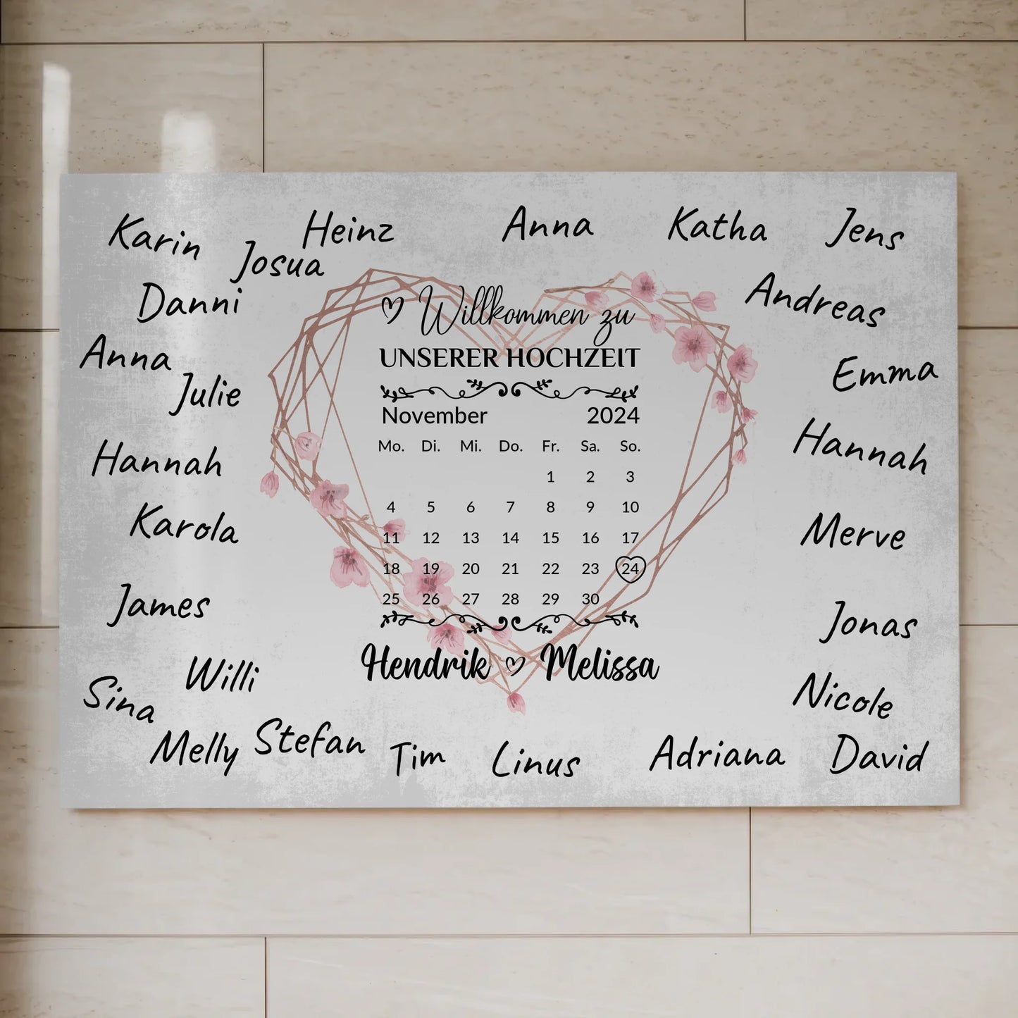 Willkommens Fotoboard Hochzeit Herz Kranz Unterschriften