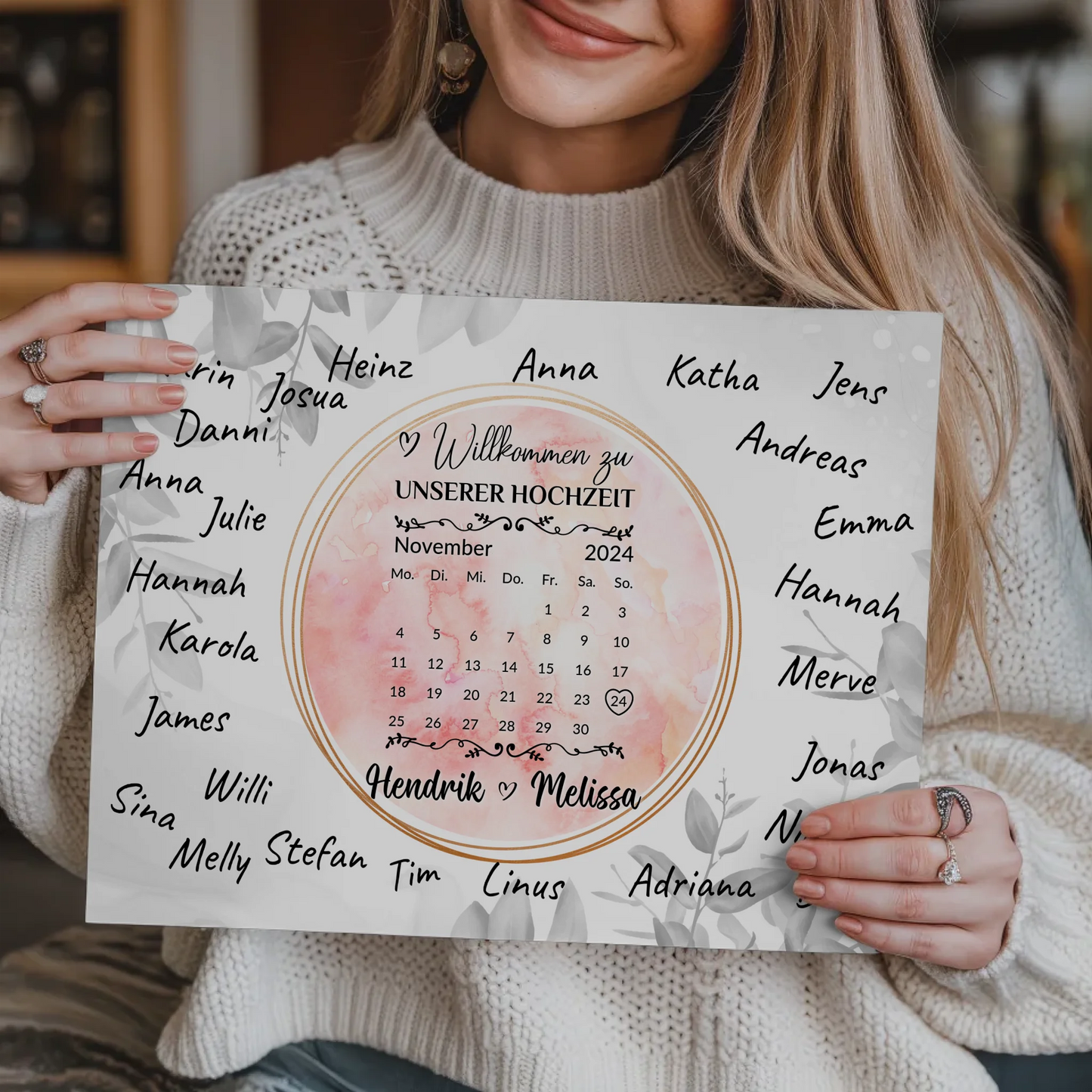 Willkommensschild Hochzeit Aquarell Kranz personalisiert