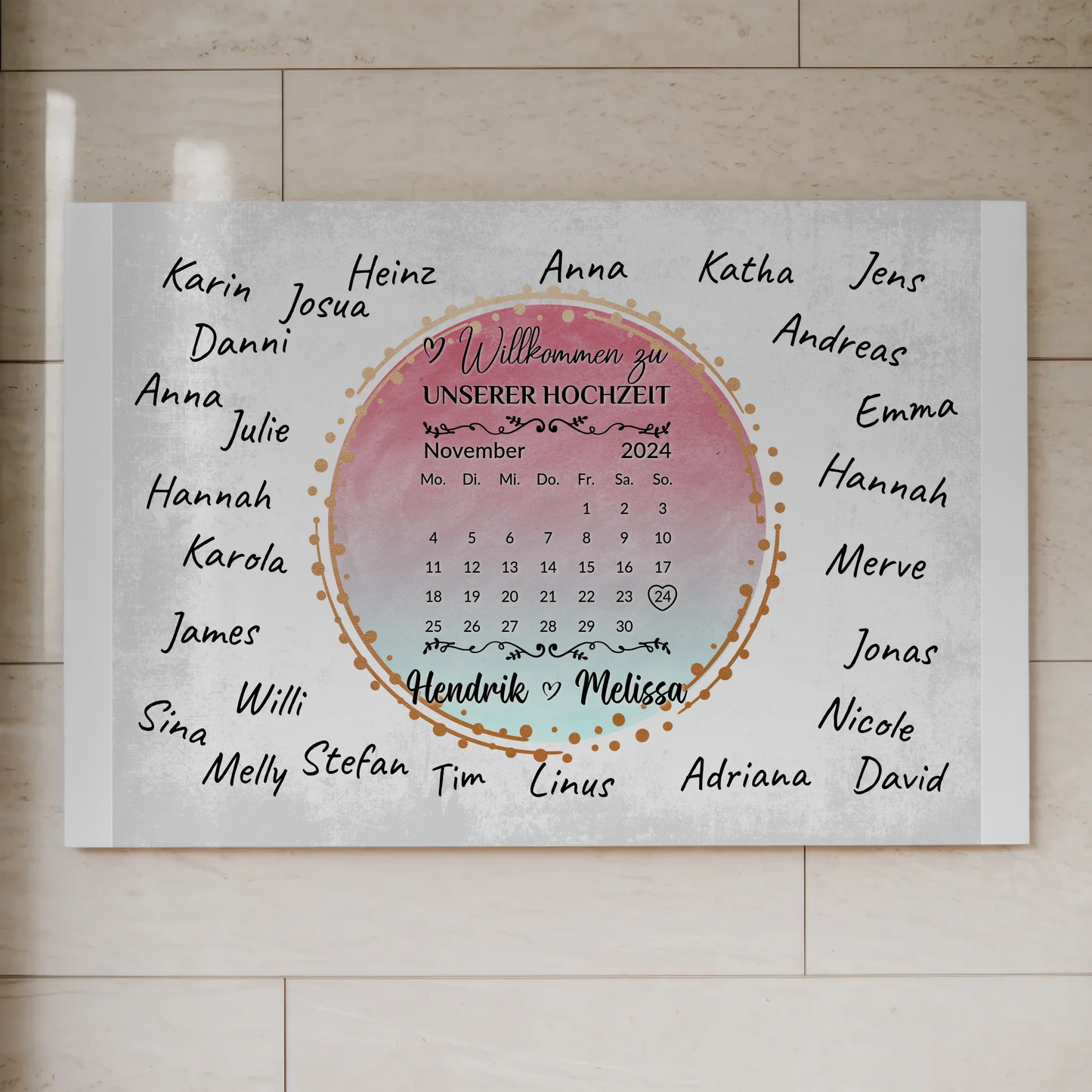 Willkommens Fotoboard Hochzeit mit Unterschriften Blau