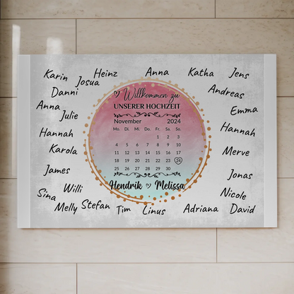 Willkommens Fotoboard Hochzeit mit Unterschriften Blau