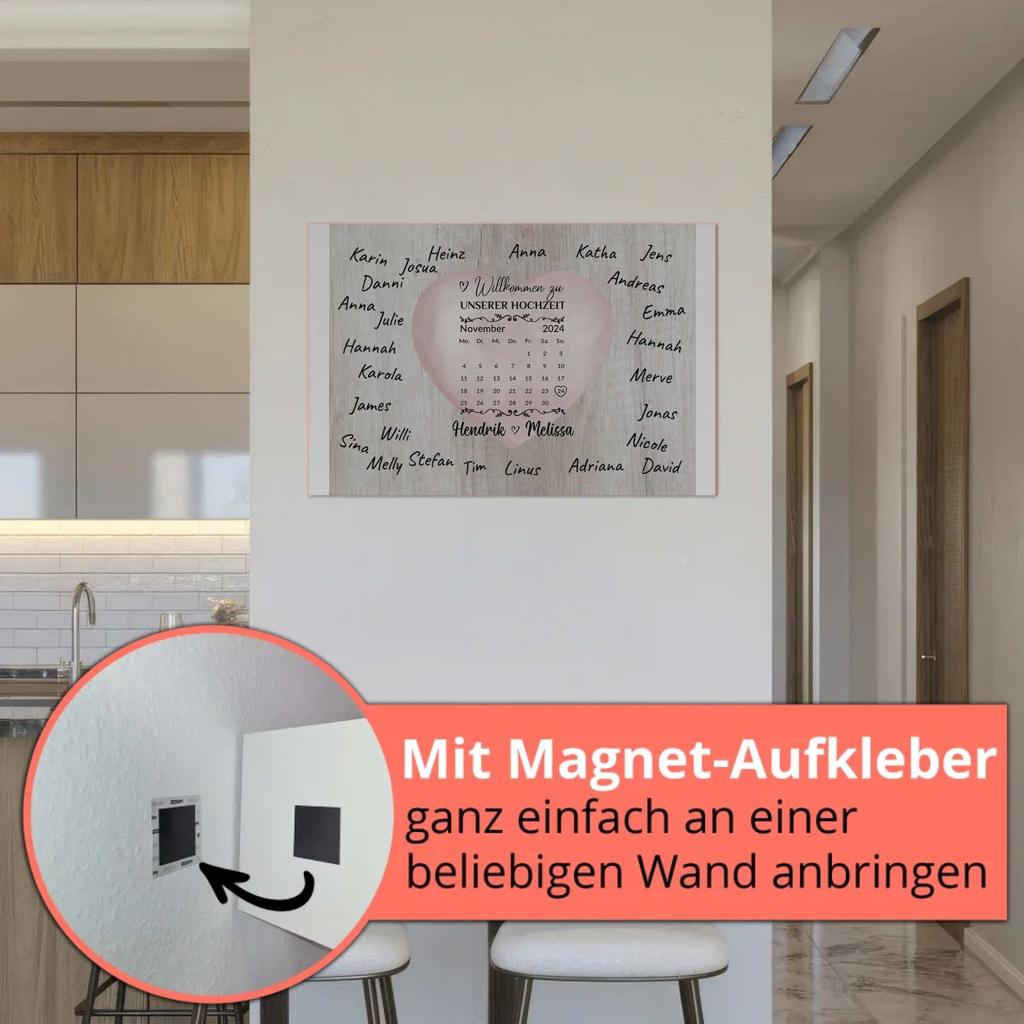 Willkommensschild Hochzeit mit Farbklecks Herz personalisiert