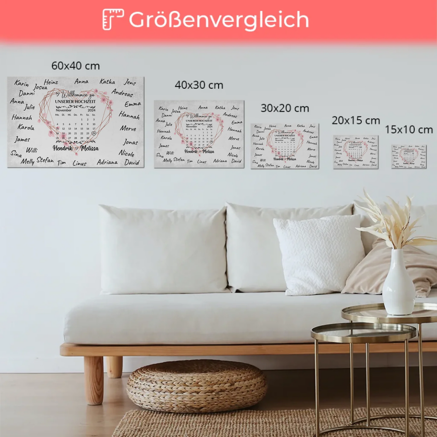 Willkommens Fotoboard Hochzeit Herz Kranz Unterschriften