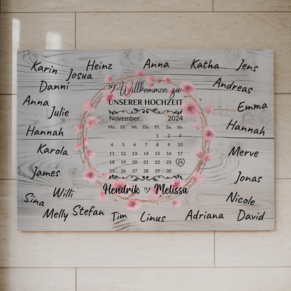 Willkommens Fotoboard Hochzeit mit Blumenkranz personalisiert
