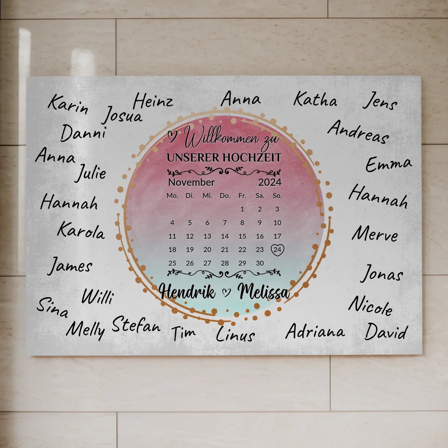 Willkommens Fotoboard Hochzeit mit Unterschriften Blau