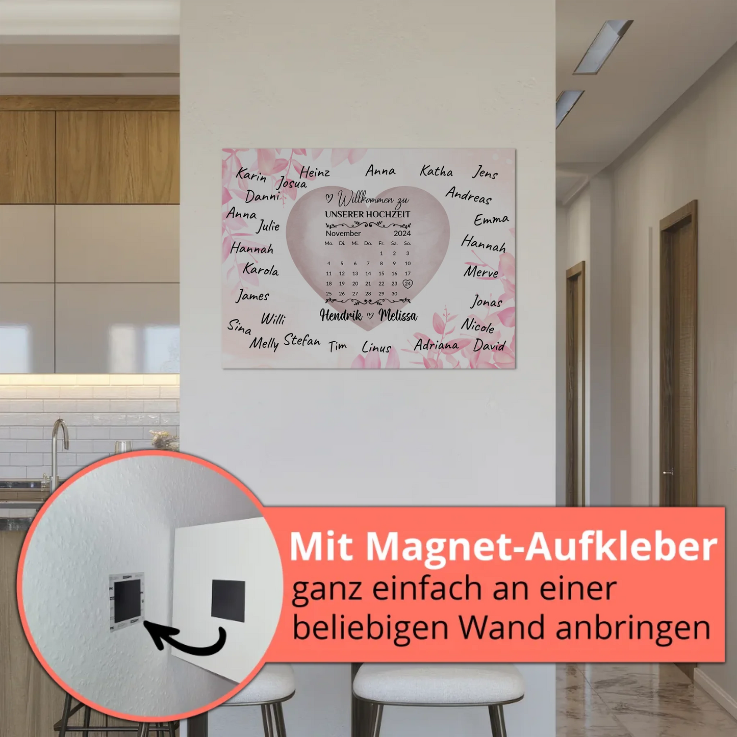 Willkommensschild Hochzeit mit Farbklecks Herz personalisiert Magnet Poster