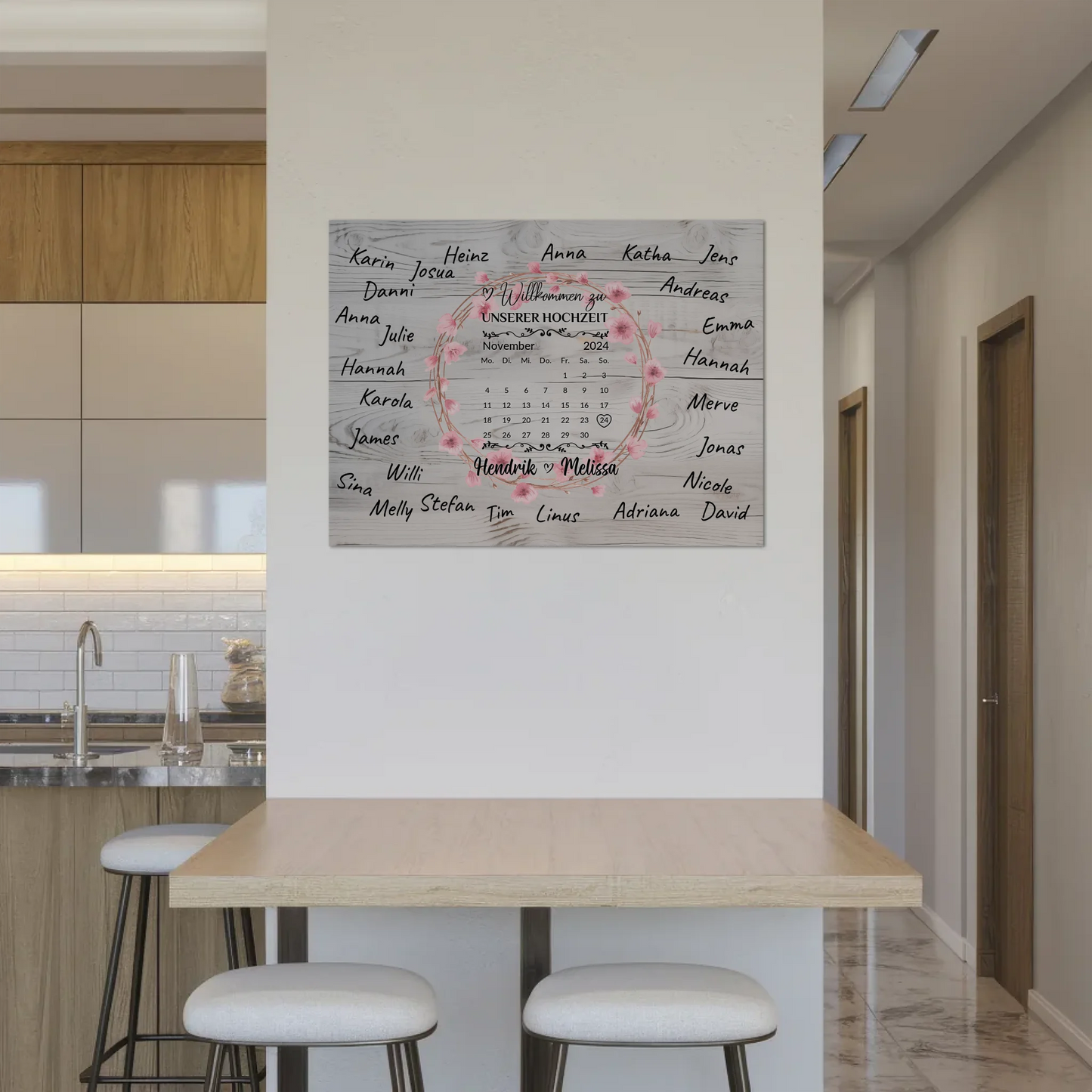 Willkommens Fotoboard Hochzeit mit Blumenkranz personalisiert