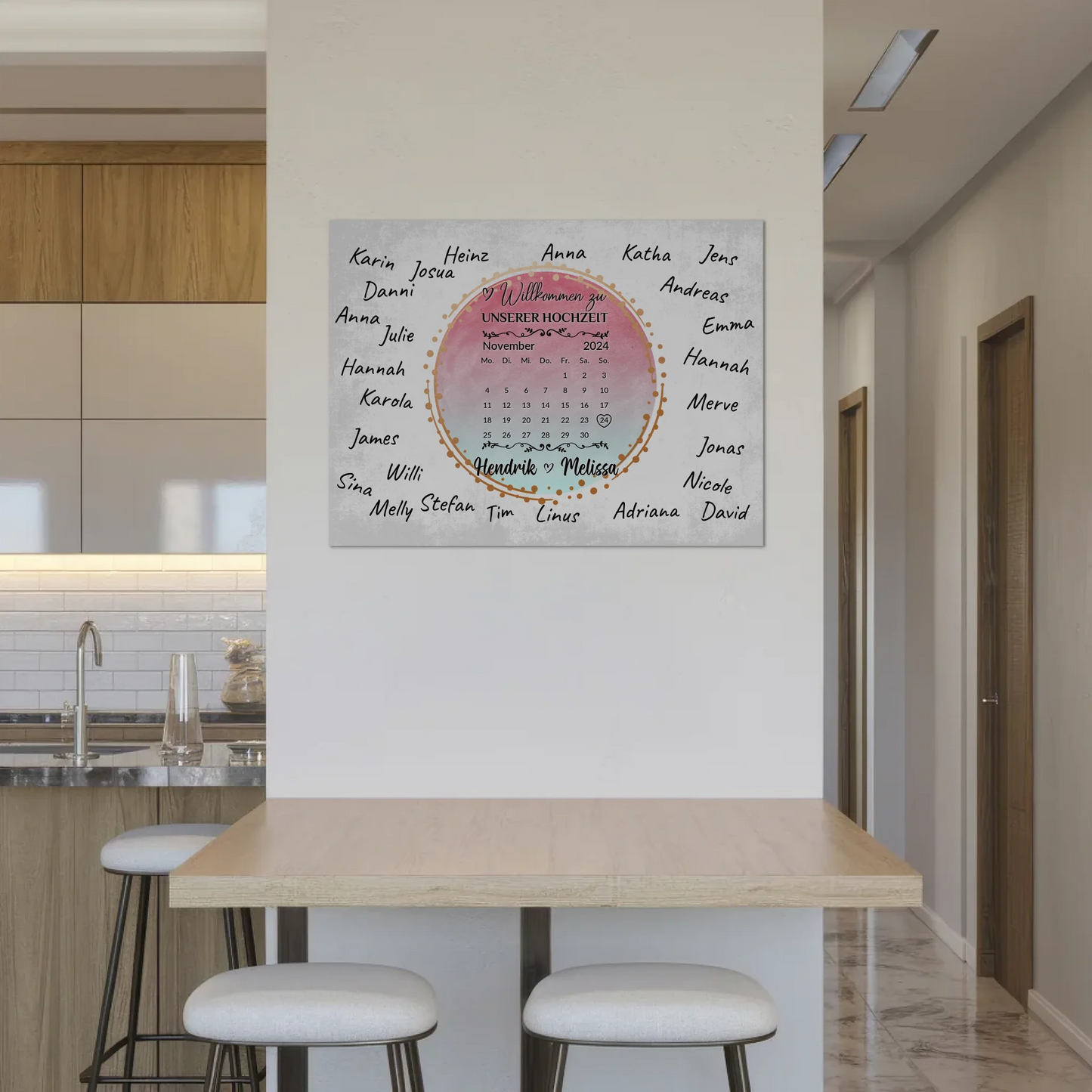 Willkommens Fotoboard Hochzeit mit Unterschriften Blau