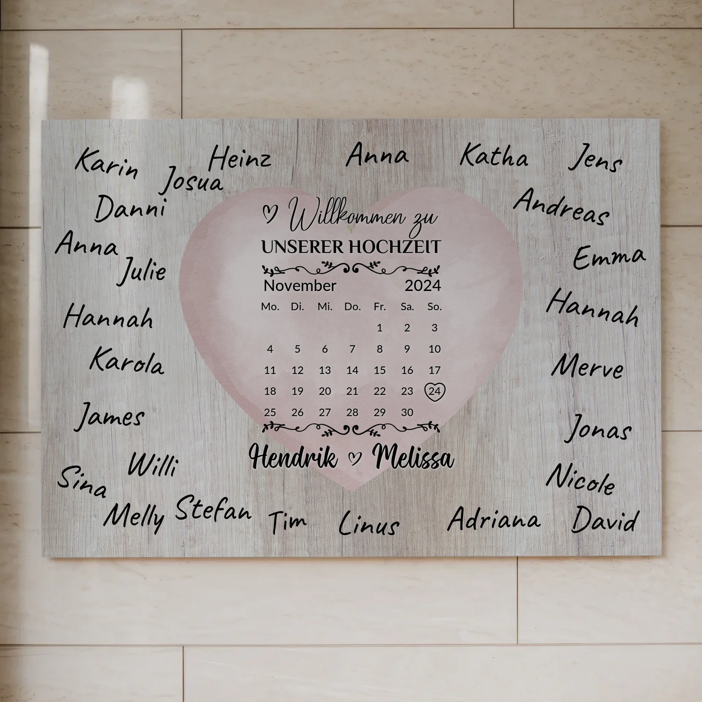 Willkommensschild Hochzeit mit Farbklecks Herz personalisiert