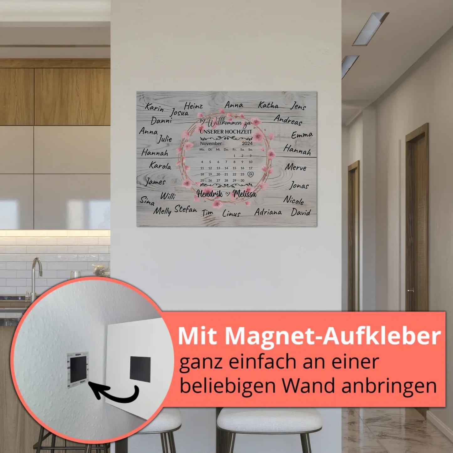 Willkommens Fotoboard Hochzeit mit Blumenkranz personalisiert