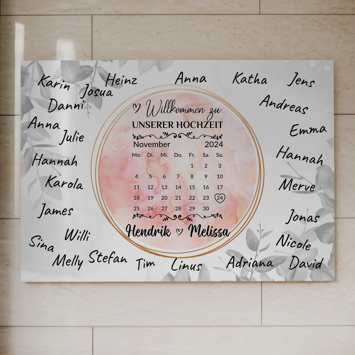 Willkommensschild Hochzeit Aquarell Kranz personalisiert