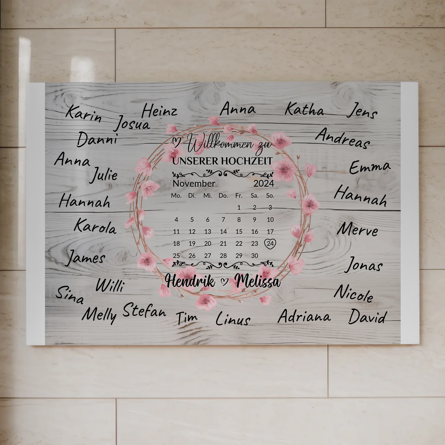 Willkommens Fotoboard Hochzeit mit Blumenkranz personalisiert