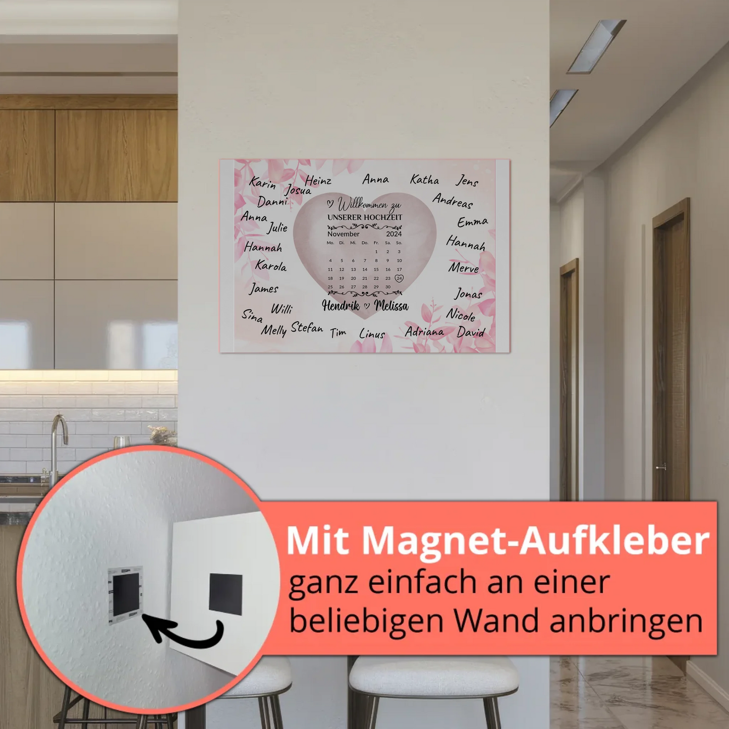 Willkommensschild Hochzeit mit Farbklecks Herz personalisiert Magnet Poster