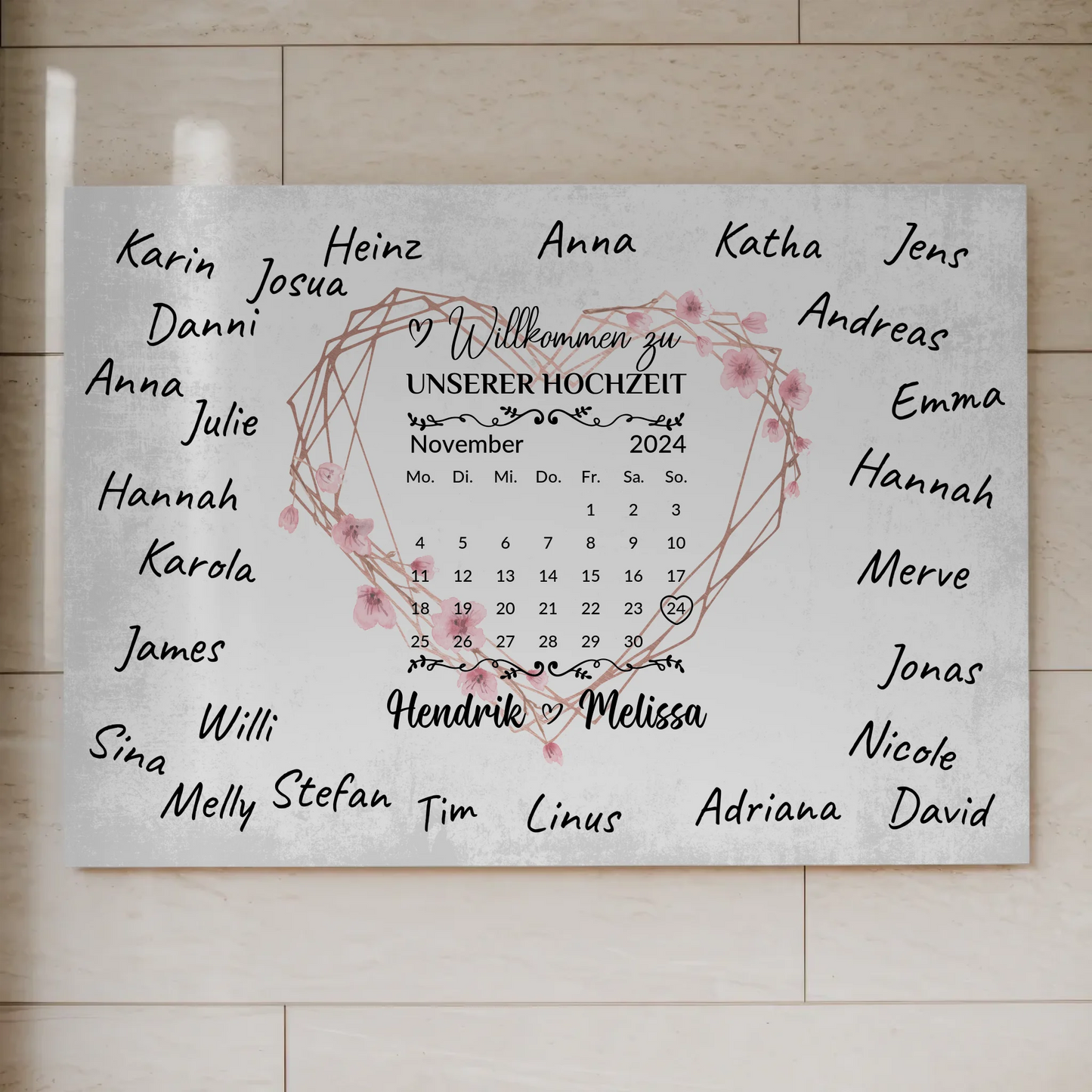 Willkommens Fotoboard Hochzeit Herz Kranz Unterschriften