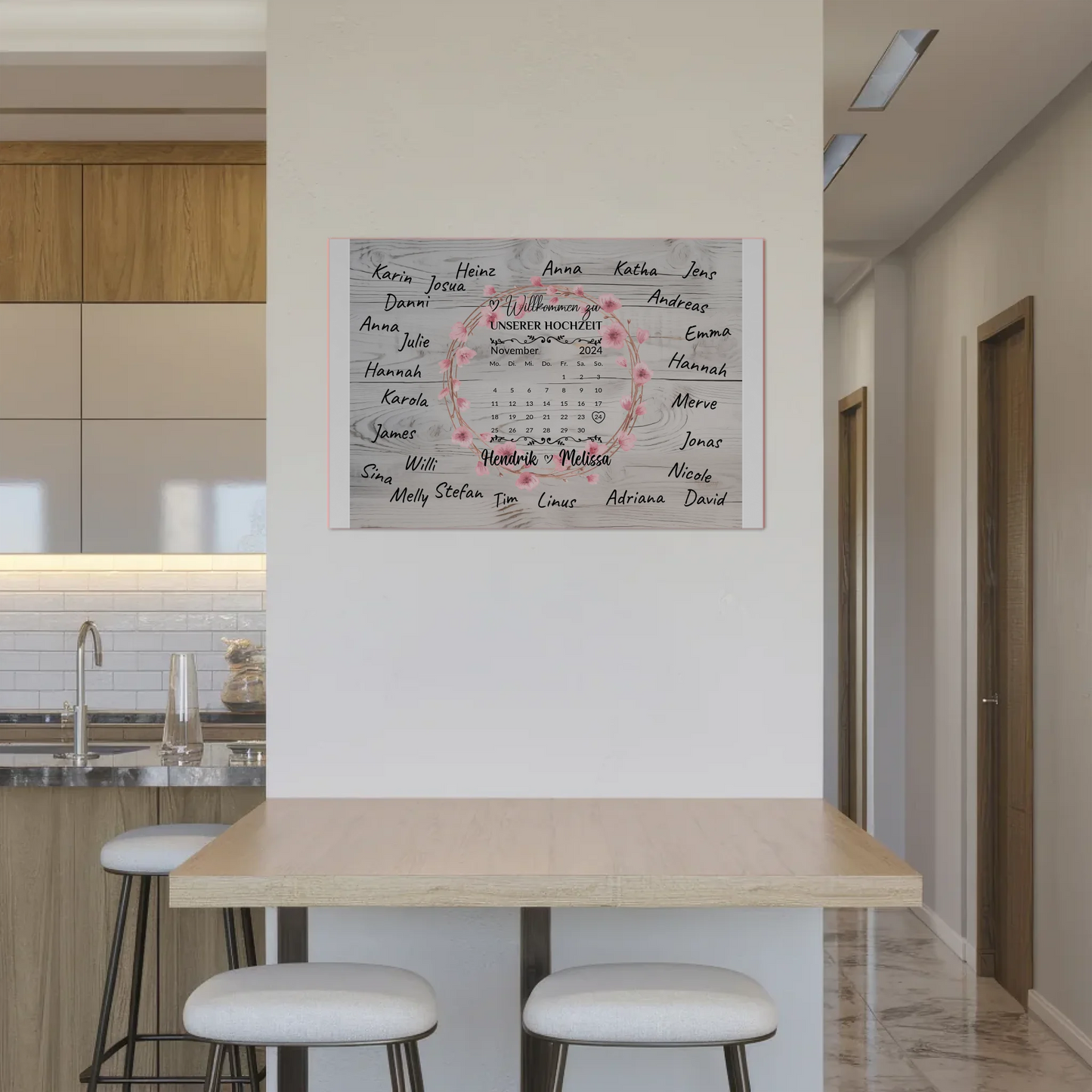 Willkommens Fotoboard Hochzeit mit Blumenkranz personalisiert