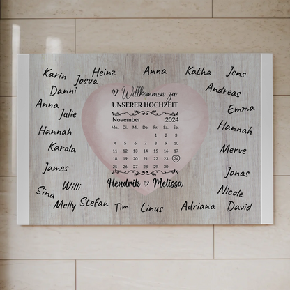 Willkommensschild Hochzeit mit Farbklecks Herz personalisiert