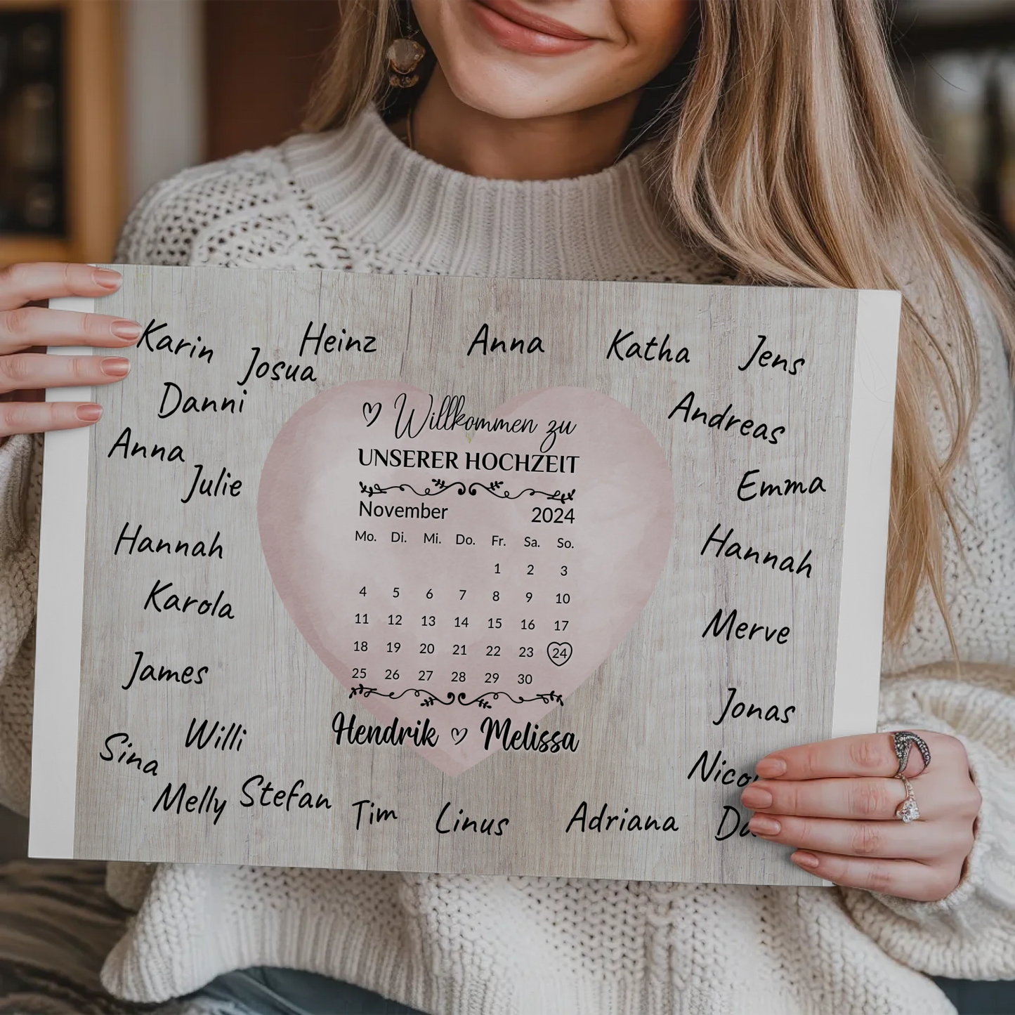 Willkommensschild Hochzeit mit Farbklecks Herz personalisiert