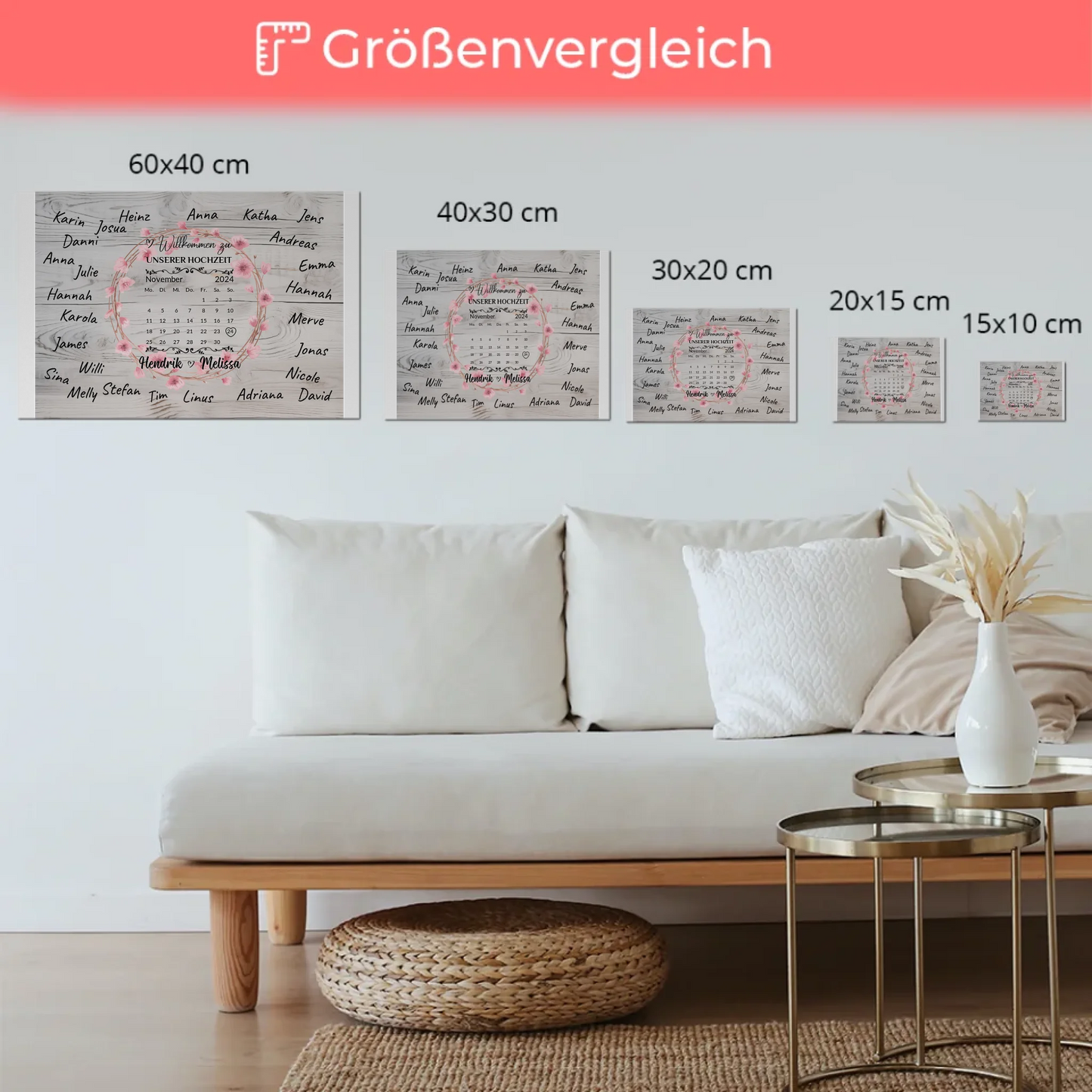Willkommens Fotoboard Hochzeit mit Blumenkranz personalisiert